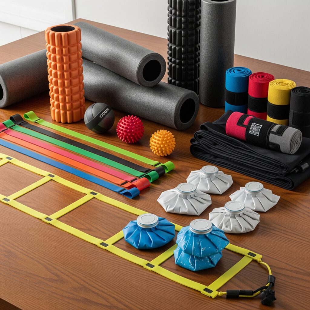 foam rollers, massage balls, resistance bands, agility ladders, ice packs, and compression wraps